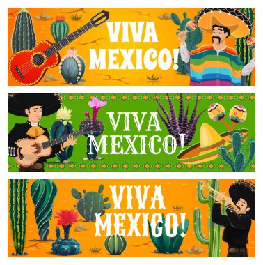 Viva Mexico vector banners of mexican mariachi musicians, music instruments and cactuses. Cartoon mexican men with sombrero hats, maracas, guitar and trumpet, desert succulent plants and flowers