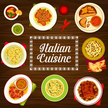 Italian cuisine meals menu cover. Beef roll Braciola, salad Tenerumi and meat bread, crispy salami and spaghetti pasta with garlic, Linguine pasta with crab meat, black tea and beef meat Chianti Crudo