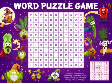 Cartoon vegetable wizards and sorcerers characters with magic wands on word search puzzle game worksheet. Children quiz grid, logical riddle, child vector educational puzzle game with words find task