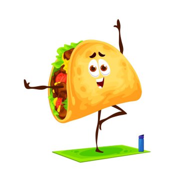 Cartoon mexican tacos character on yoga fitness. Cheerful fast food character or cute mexican meal. Happy smiling tacos vector personage standing in yoga pose on fitness mat