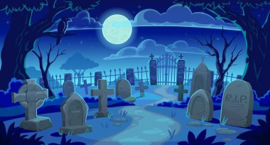 Cemetery landscape, graveyard tombstones background, vector Halloween horror night. Cartoon cemetery landscape with scary tombstones and spooky moon, RIP gravestones and creepy dark graves