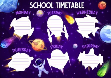 Timetable schedule with cartoon space comets, asteroids and astronaut. Vector school timetable with spaceships or shuttles in galaxy. Kids weekly planner with rockets and planets
