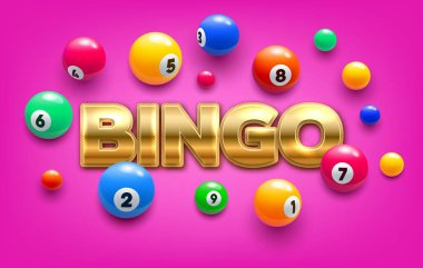 Bingo lottery vector 3d colorful balls with lucky combination numbers on pink background. Lotto jackpot, keno, casino gambling game, prize raffle and winner success banner with vibrant spheres clipart