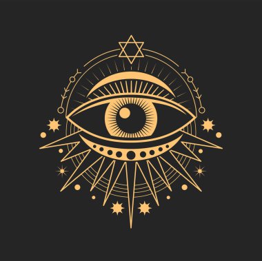 Mason and magic tarot sacred talisman, occultism icon, star and pentagram star. Vector magic tarot sign, eye occult and esoteric symbol, pentagram star