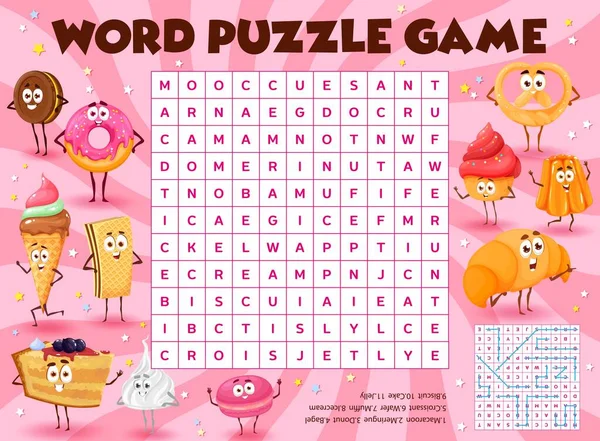 Cartoon Candies Desserts Sweets Characters Word Search Puzzle Game Vector — ストックベクタ