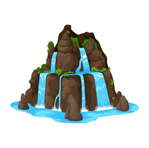 Cartoon waterfall or water cascade. Vector mountain river stream falling from stone hill of rock cliff into blue lake with splashes and fog. Isolated nature landscape, waterfall, brown mountain rocks