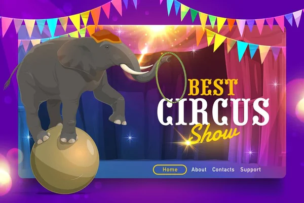 Cartoon Trained Elephant Ball Circus Stage Chapiteau Circus Landing Page — Stock Vector