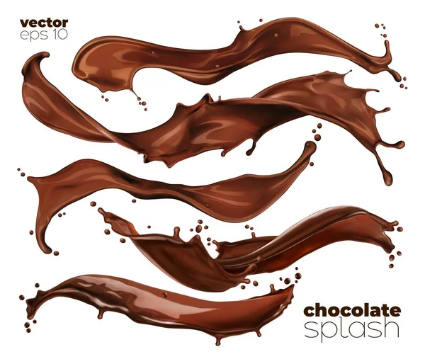 Chocolate Cocoa Milk Wave Splashes Isolated Dessert Swirl Drink Flow — Vetor de Stock