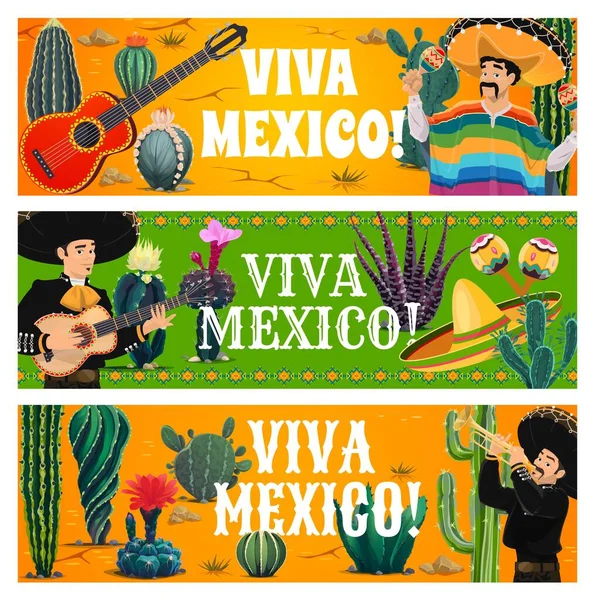 Viva Mexico Vector Banners Mexican Mariachi Musicians Music Instruments Cactuses — 스톡 벡터