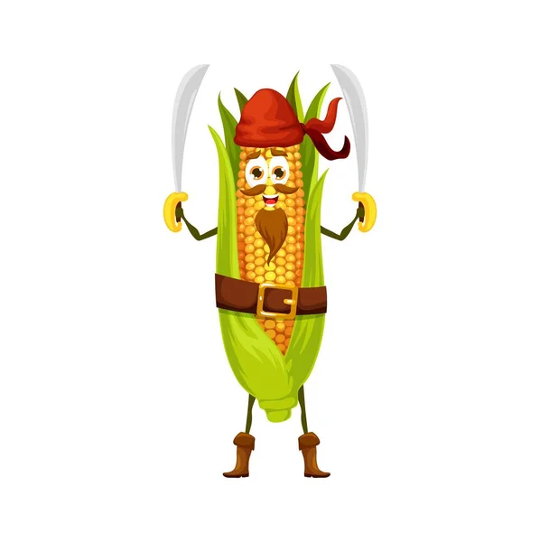 Cartoon Funny Corn Cob Pirate Character Maize Corsair Bandana Sabers — 스톡 벡터