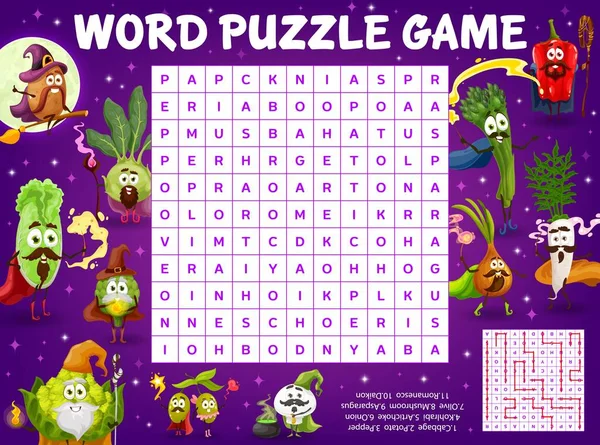Cartoon Vegetable Wizards Sorcerers Characters Magic Wands Word Search Puzzle — Image vectorielle