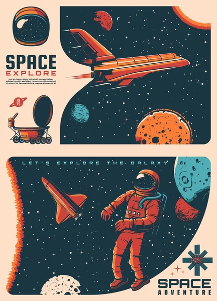 Astronaut Outer Space Spaceship Galaxy Retro Posters Shuttle Spacecraft Solar — Vector de stock