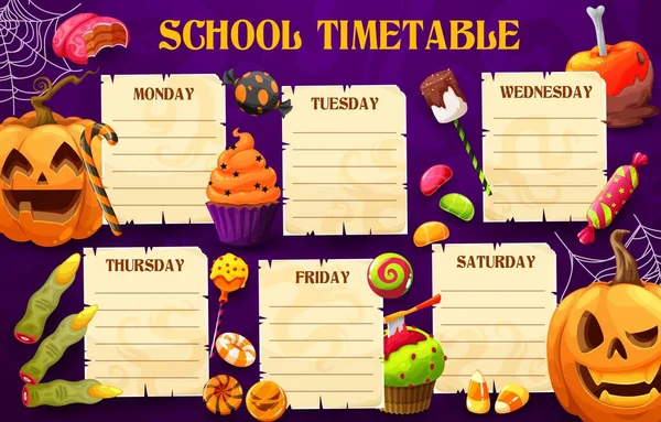School Timetable Schedule Halloween Cartoon Holiday Pumpkins Sweets Candies Vector — Stockový vektor