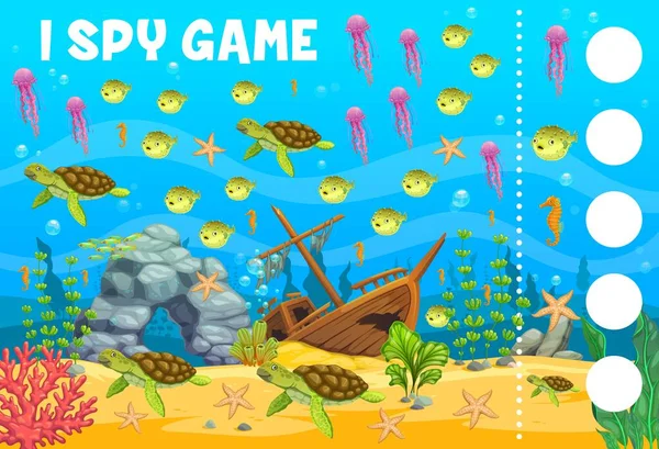 Underwater landscape with sea animals, I spy game worksheet. Vector puzzle quiz, brain riddle of cartoon underwater fish, jellyfish and sea turtle, starfish and seahorse on ocean bottom