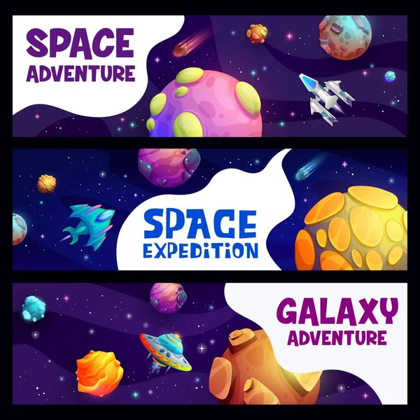 Space Expedition Adventure Spacecrafts Starry Galaxy Cartoon Vector Banners Ufo —  Vetores de Stock