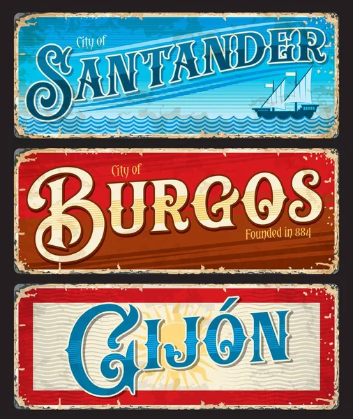 Santander Burgos Gijon Spanish City Plates Travel Stickers Vector Vintage — Stock Vector