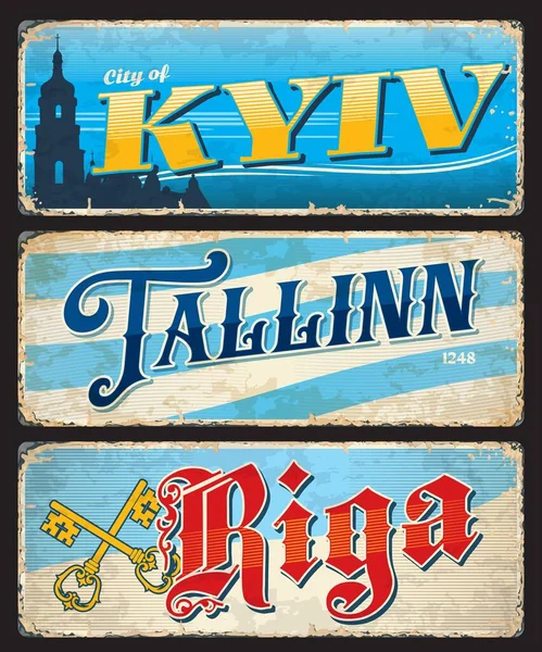 Kyiv Tallinn Riga City Travel Stickers Plates Ukraine Estonia Latvia — Vettoriale Stock