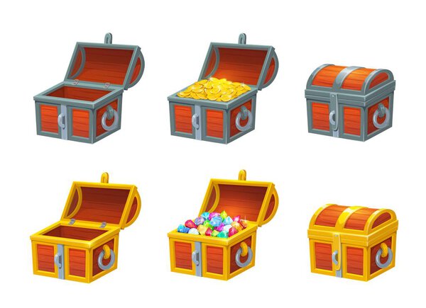 Cartoon chest treasure box with gold coins and gemstones, vector pirate treasure. Open wooden chests with gold, jewel crystals or empty with locks, pirate treasure game asset