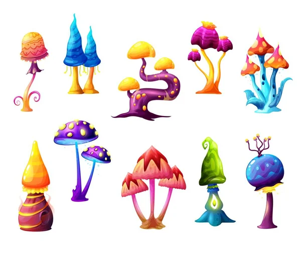 Fairy Fantasy Cartoon Mushrooms Vector Magic Fungi Unusual Shapes Bizarre — Stock Vector