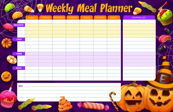 Weekly Meal Planner Halloween Holiday Sweets Candies Pumpkins Cobweb Vector — Vector de stock