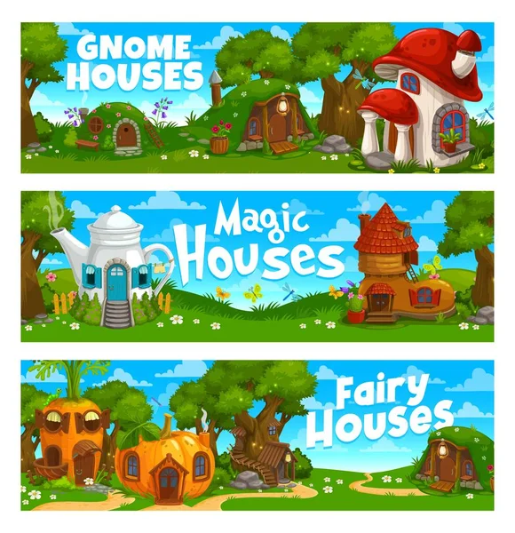 Cartoon Game Landscape Level Background Gnome Elf Houses Dwellings Vector — Vetor de Stock