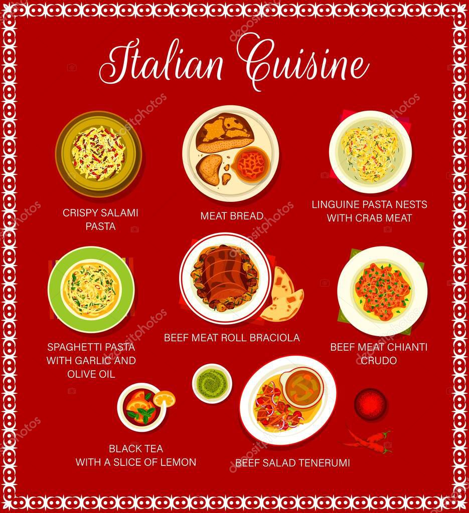 Italian Cuisine Restaurant Menu Template Crispy Salami Pasta Meat Bread