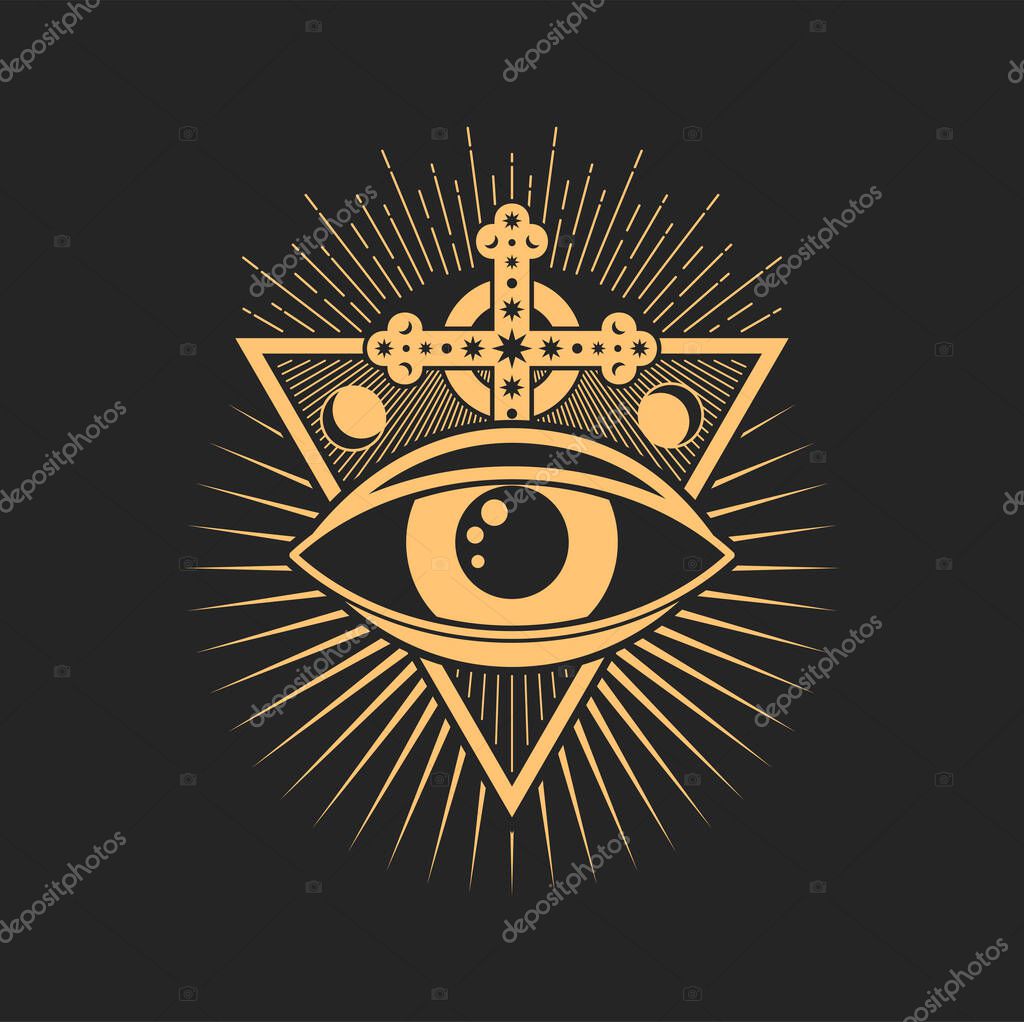 Prediction eye, tattoo occult and esoteric symbol. Vector tarot magic symbol, ancient Egypt amulet with cross. Vector occultism vision sign, tribal eye