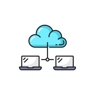 Dada cloud technology outline icon with laptop computer connected to cloud. Information storage, sync and secure remote access, data backup thin line vector symbol, linear icon
