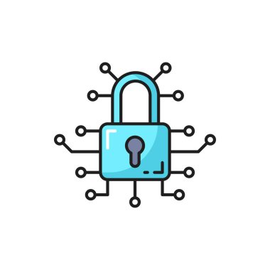 Data encryption and information secure outline icon with padlock and computer board circuit. Data access safety, Internet privacy and network protect technology thin line vector icon or pictogram