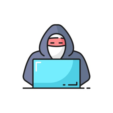 Hacker in mask typing on laptop outline icon. Internet security and protection, online fraud, data theft and web crime and information safety thin line vector symbol, minimalistic pictogram