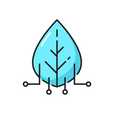 Modern technology innovation, science tech outline icon with blue leaf and computer motherboard traces. Electronics invention, biotechnology and engineering thin line vector minimalistic pictogram