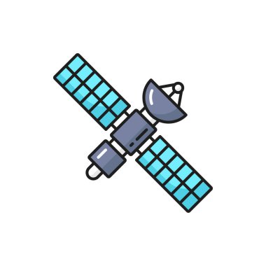 Space satellite with solar panels and antenna outline icon. Communication and telecom technologies, space research innovation, Internet broadcast thin line vector symbol or pictogram