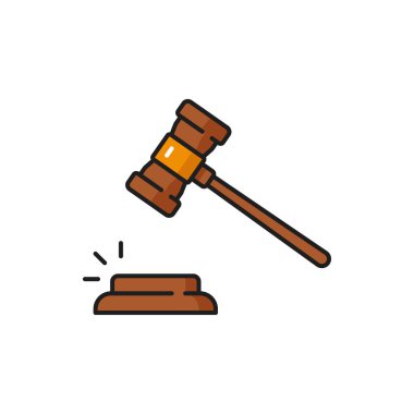 Notary, justice and legal service icon of judge gavel for lawyer and legal attorney office, vector symbol. Judge gavel or court hammer sign for justice and legislation or advocate service
