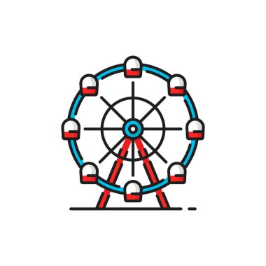 Roundabout ferris wheel amusement park attraction isolated color line icon. Vector funfair playground carousel, observation overview rotating circle with vintage cabins in blue and red colors