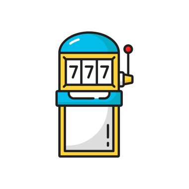 777 casino machine, gambling games one arm bandit isolated color line icon. Vector jackpot sign, amusement park gambling game reeling gambler roulette, playing device slot machine one arm bandit