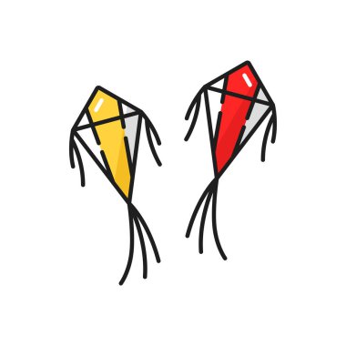 Flying kites amusement park entertainment isolated color line icon. Vector Uttarayan festival symbol with tail. Kitesurfing flying object, leisure sport activity entertainment in amusement park