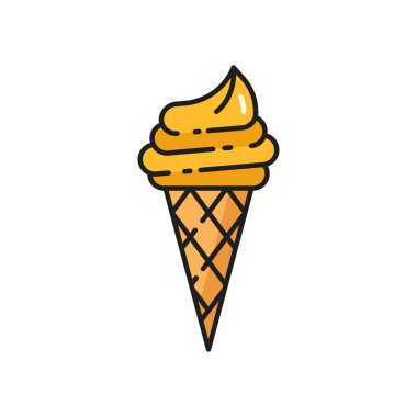 Cold ice sundae swirl in wafer cone, creme brulee refreshing summer dessert isolated color line icon. Vector vanilla ice cream in waffle cone. Gelato icecream, sweet ice-cream, fastfood takeaway snack