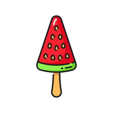 Fruit ice cream piece of watermelon isolated color line icon. Vector triangle ice cream on stick, frozen yogurt or juice yummy refreshing sundae dessert. Fruit ice-cream in glaze, dairy summer food