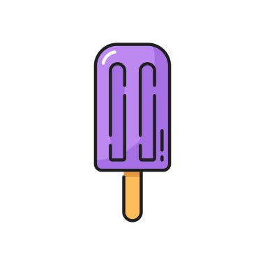 Ice cream coated by purple violet glaze isolated popsicle color line icon. Vector ice-cream covered frozen plum juice, yummy refreshing dessert. Takeaway fastfood snack, icecream on stick summer food