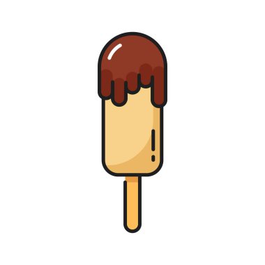 Vanilla ice cream in cocoa topping, cold floating sundae, sweet eskimo isolated color line icon. Vector chocolate popsicle on stick, yummy ice cream. Fastfood streetfood snack, takeout takeaway food