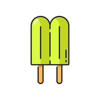 Double fruit icecream lollipop on two sticks isolated color line icon. Vector green fruit ice-cream, dairy summer food, bonbon candy. Kiwi ice cream on stick, frozen juice yummy refreshing dessert
