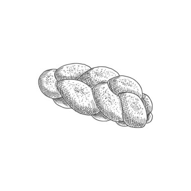 Braided bread with sesame isolated monochrome sketch. Vector pastry food, bakery product of dough