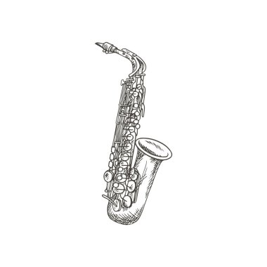 Clarinet or saxophone isolated musical instrument sketch. Vector woodwind sax or bass orchestra trumpet