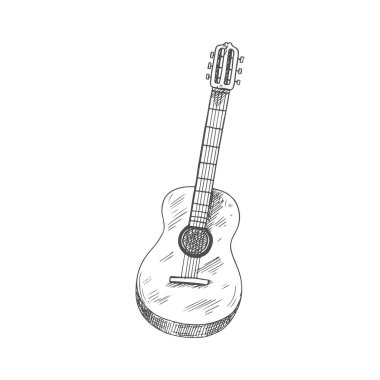 String guitar isolated vector musical instrument sketch. Vector stringed music tool, retro guitar