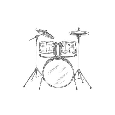 Drum set isolated musical instrument sketch. Vector trap and kit, cymbals and bass, drumming equipment