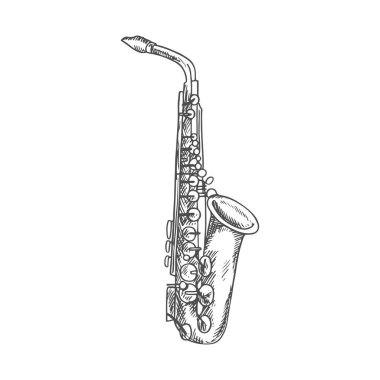 Clarinet or saxophone isolated musical instrument sketch. Vector woodwind sax or bass orchestra trumpet