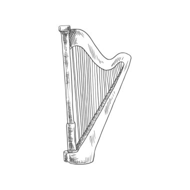 Retro harp isolated old musical instrument. Vector stringed lyre, Irish or Celtic music tool