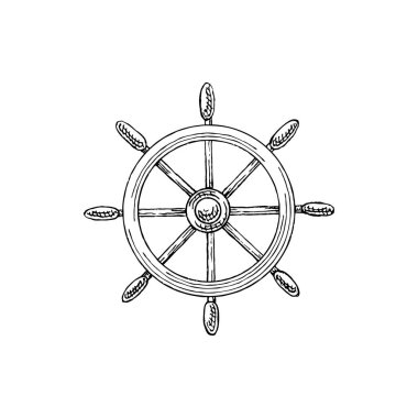 Steering ship wheel isolated marine sketch. Vector navigation equipment symbol, hand wheel with handles