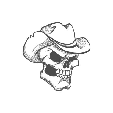 Skull in hat, died cowboy, robber or bandit isolated. Vector wild west hero, skeleton head