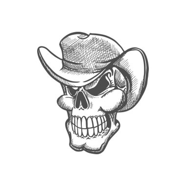Skull in hat, died cowboy, robber or bandit isolated. Vector wild west hero, skeleton head